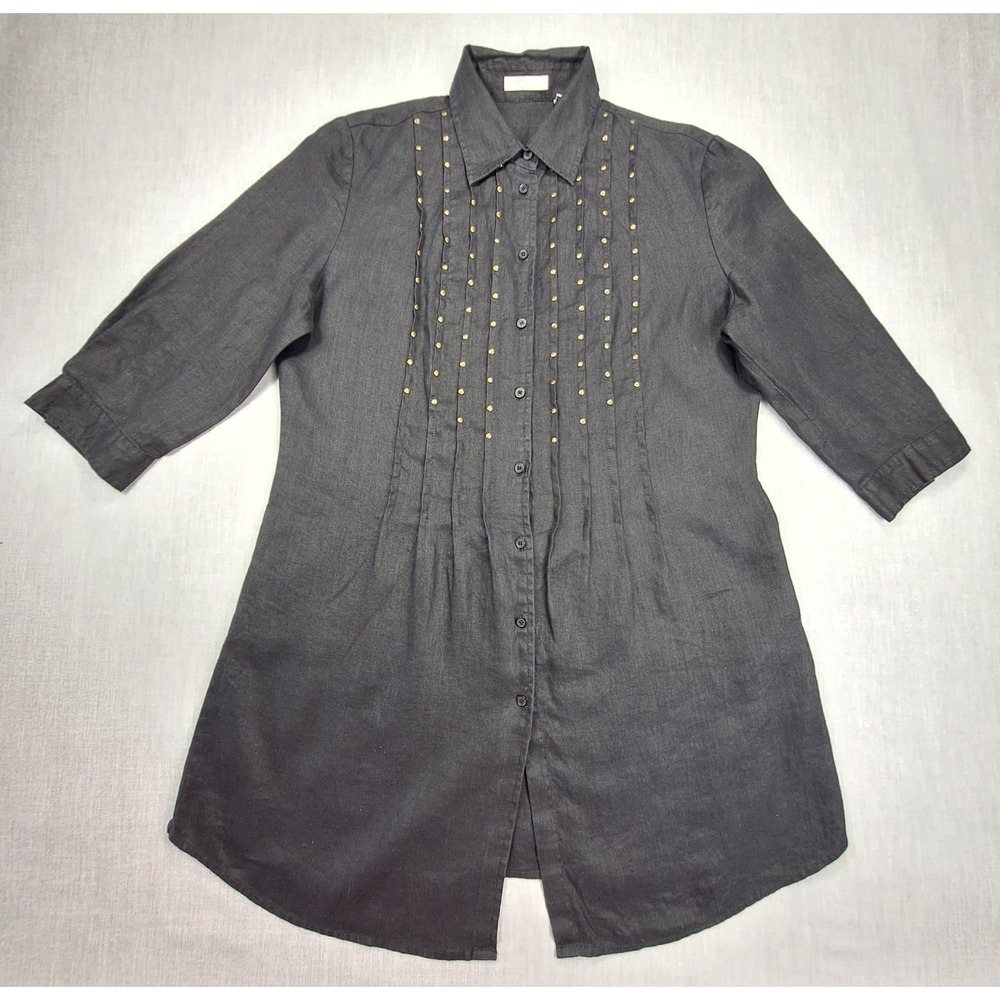 Marco Pecci Black 100% Linen Studded Pintuck Tunic Shirt Size 42 3/4 Sleeve